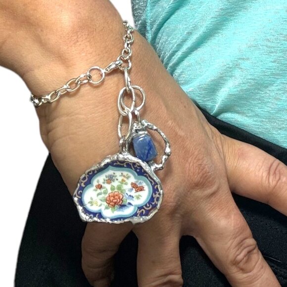 Broken China & Sodalite Charm Bracelet with Artisan Silver-Blend Boho Metalwork - Picture 13 of 15